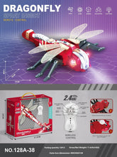 Red and white remote control dragonfly toy with translucent wings, shown with packaging and wireless controller.