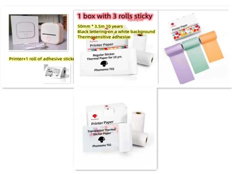 Assorted thermal printer paper rolls in white, transparent, and pastel colors for sticker printing