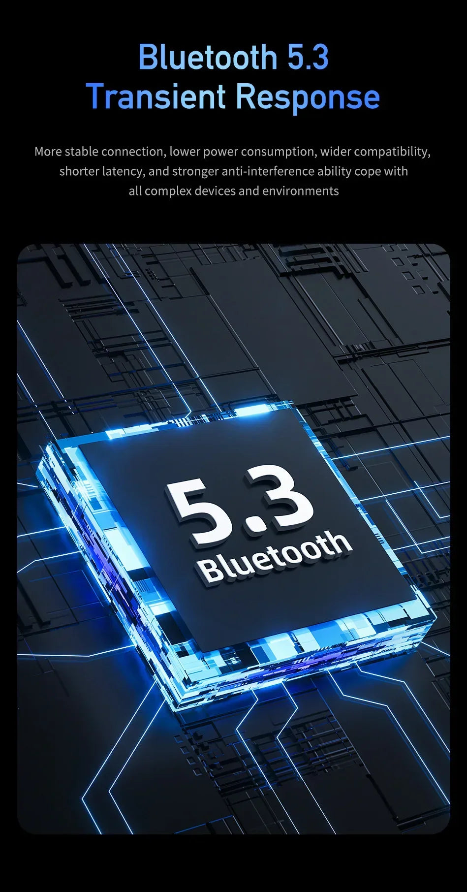 Digital rendering of a glowing Bluetooth 5.3 chip on a dark, futuristic circuit board background.
