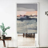 Abstract fabric doorway curtain in pastel blue, gray, and peach tones, modern minimalist decor