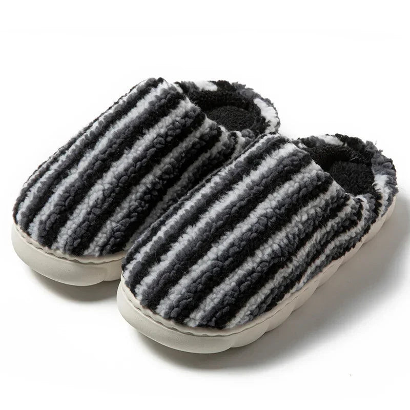 Black and white striped fuzzy slippers with thick sole, cozy unisex fit