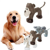 Golden retriever with knitted animal dog toys in gray and beige, plush material, modern style