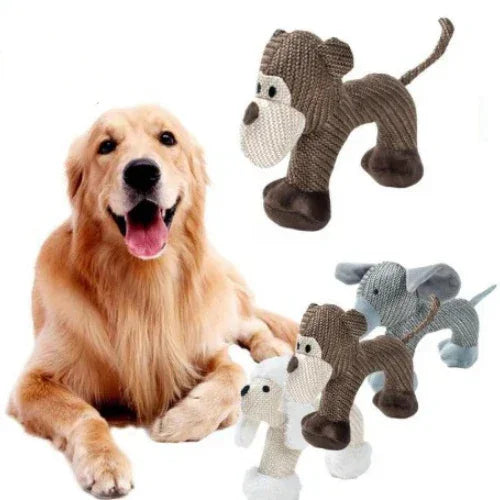 Golden retriever with knitted animal dog toys in gray and beige, plush material, modern style