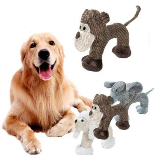 Golden retriever with knitted animal dog toys in gray and beige, plush material, modern style