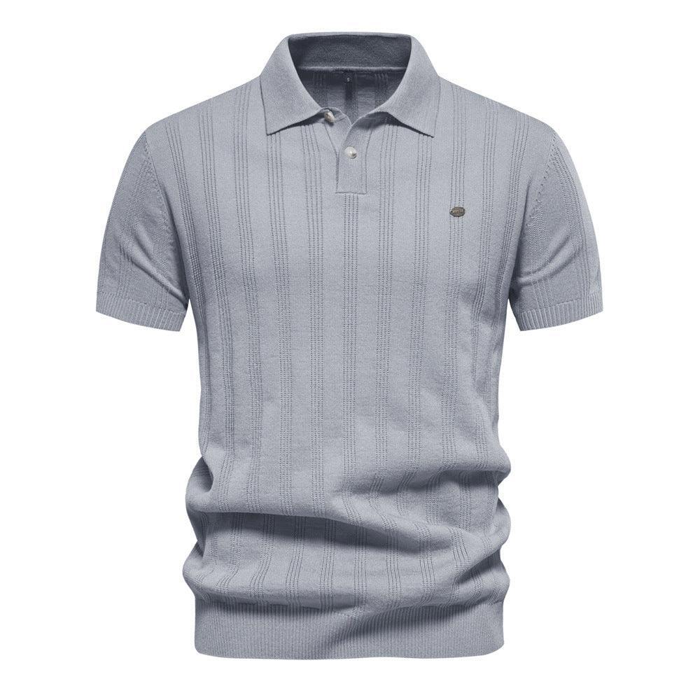 Light gray knitted short sleeve polo shirt with textured vertical stripes and slim fit