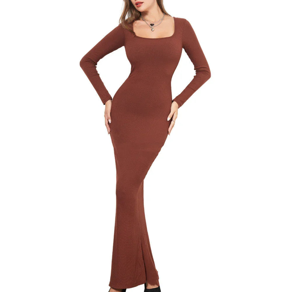 Woman wearing a brown long-sleeve, bodycon maxi dress with square neckline