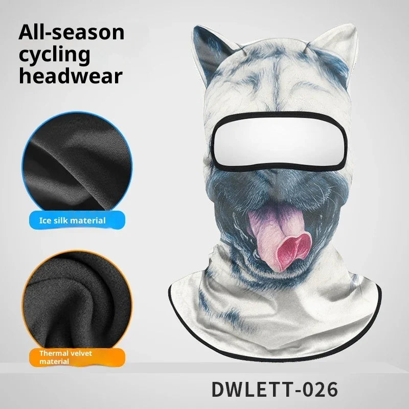 Dog print balaclava with cat ears, ice silk and velvet material, unisex fit, cycling headwear