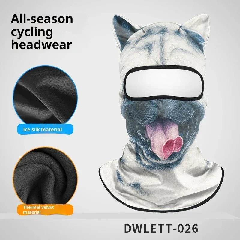 Dog print balaclava with cat ears, ice silk and velvet material, unisex fit, cycling headwear