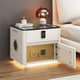 Modern white bedside table with digital lock, safe, and black glass top, ambient lighting
