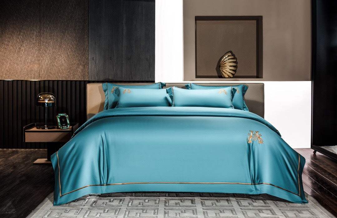 Cotton embroidery match set in blue with gold accents on 2.0m bed, 4-piece bedding set in modern bedroom setting