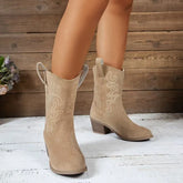 Beige suede western boots with embroidered detailing and block heels, mid-calf fit