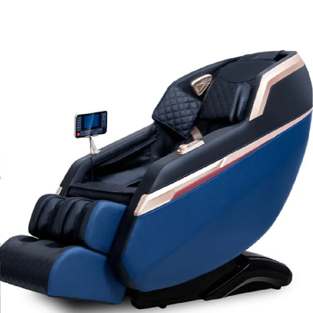 Modern blue and black massage chair with quilted upholstery and built-in controls