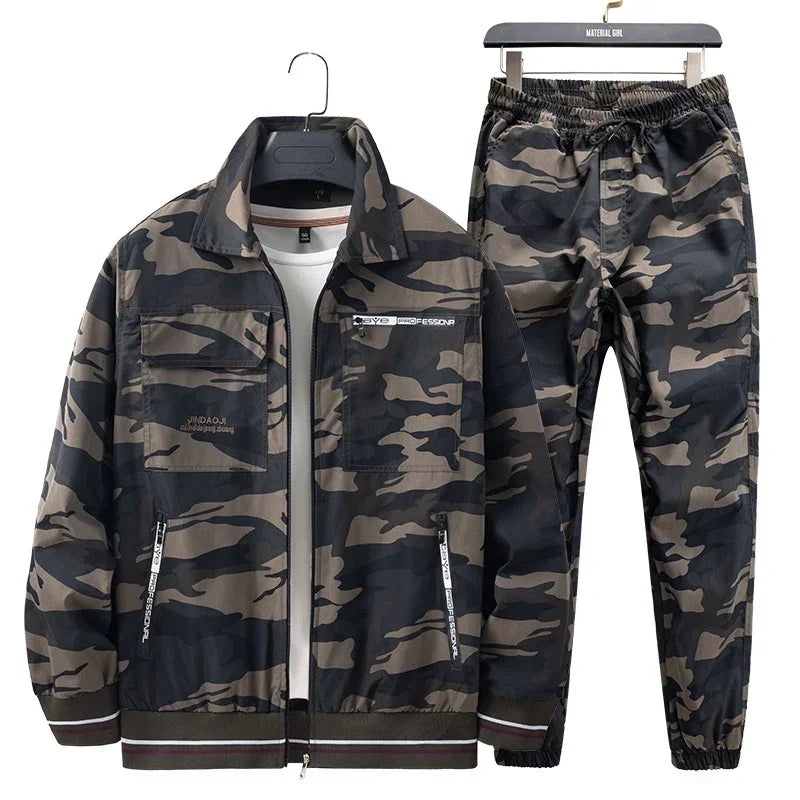 Men's dark camouflage jacket and jogger pants set, lightweight, relaxed fit streetwear