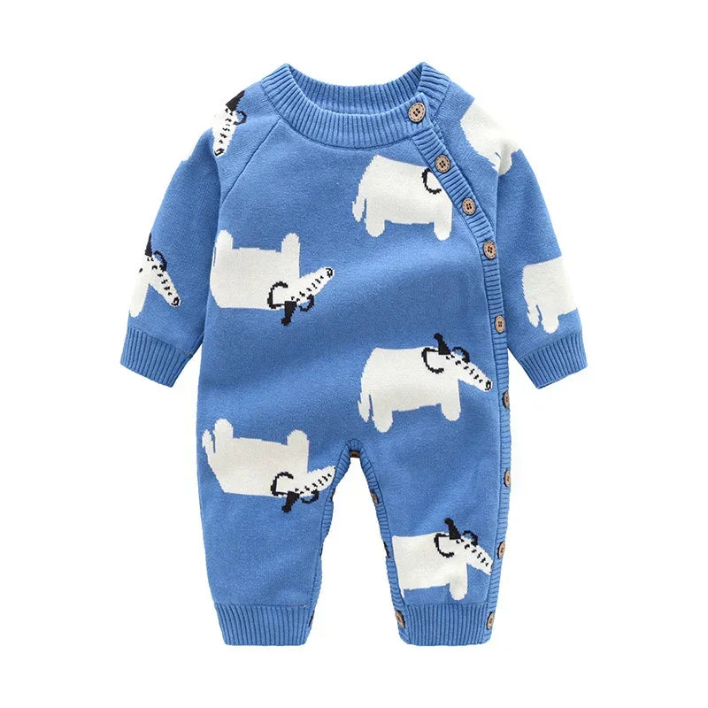 Blue knit baby romper with white animal print, long sleeves, button-up front, cozy fit.