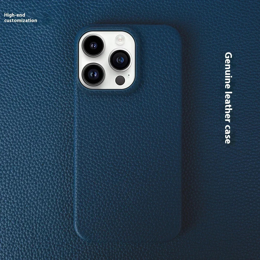 Blue genuine leather phone case with textured finish and snug fit design