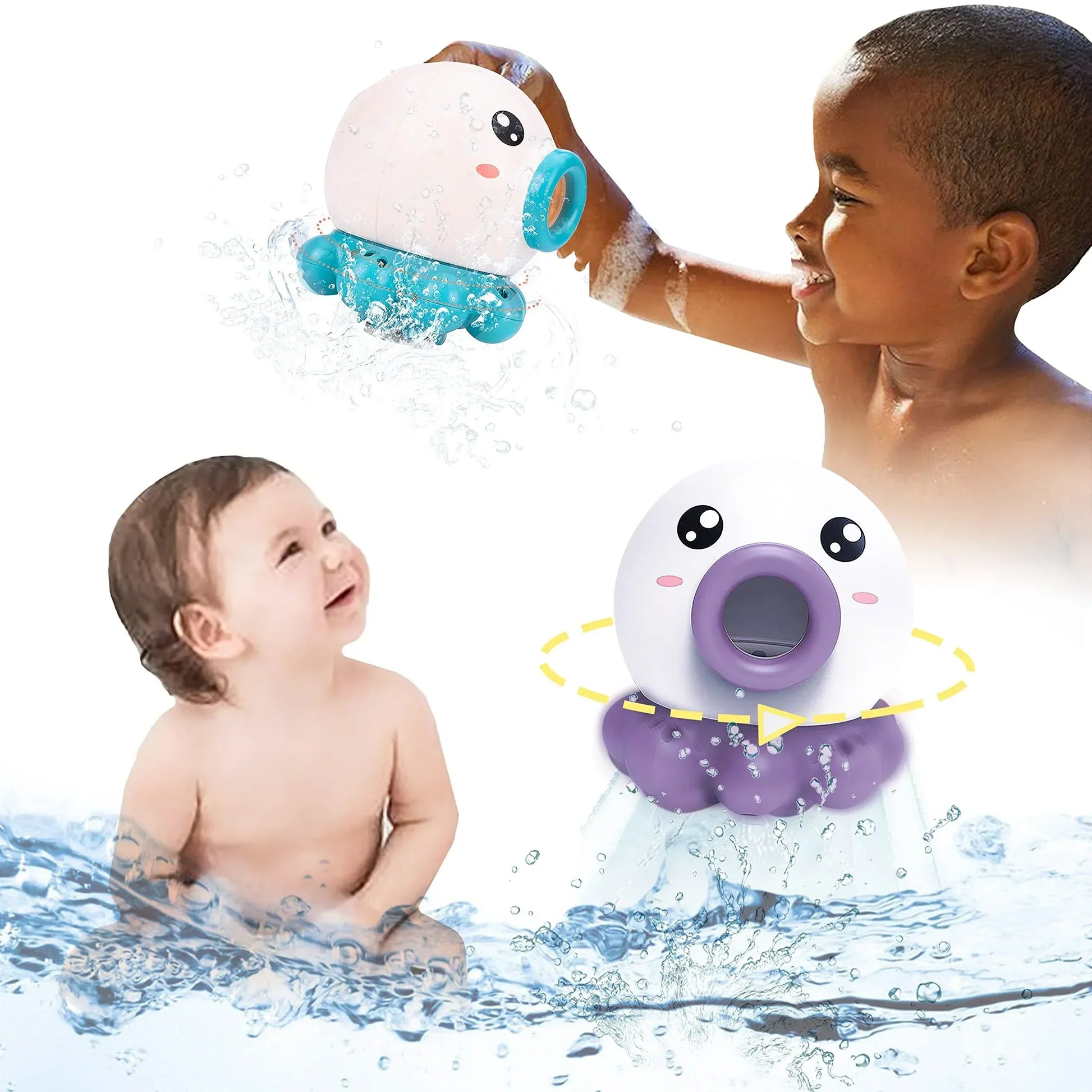 Children playing with cute octopus-shaped bath toys in water, bright and playful scene