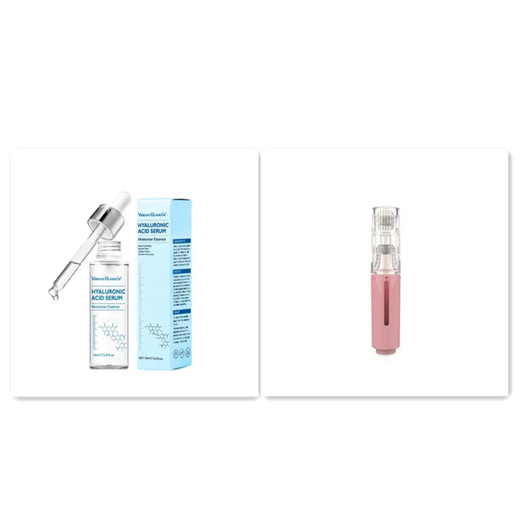 Hyaluronic acid serum with dropper and pink micro-needling device on white background