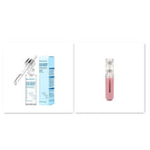 Hyaluronic acid serum with dropper and pink micro-needling device on white background