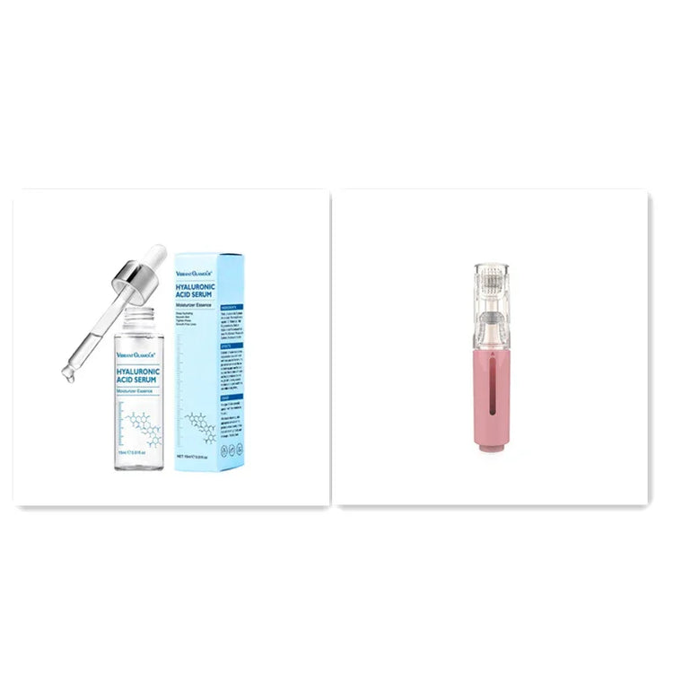 Hyaluronic acid serum with dropper and pink micro-needling device on white background