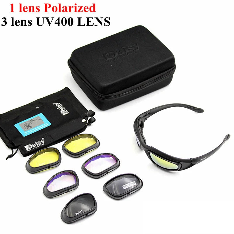 Black sport sunglasses with interchangeable polarized and UV400 lenses, hard case, and pouch