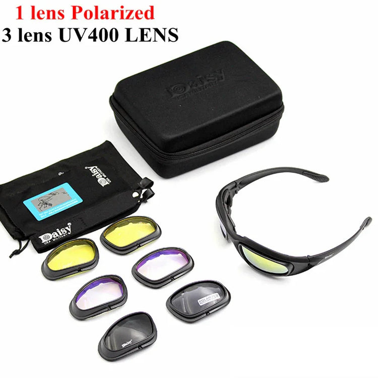 Black sport sunglasses with interchangeable polarized and UV400 lenses, hard case, and pouch