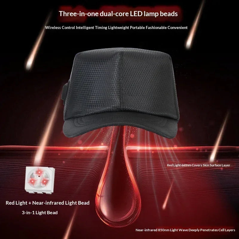 Black tech cap with textured fabric, structured fit, LED light therapy feature, futuristic style.