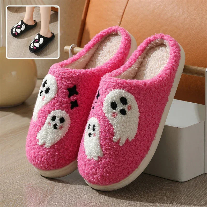 Pink plush slippers with white ghost embroidery, indoor slip-on, cozy fleece lining