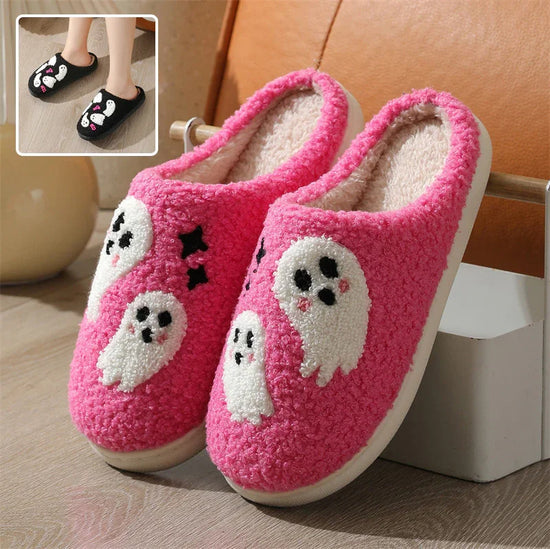 Pink plush slippers with white ghost embroidery, indoor slip-on, cozy fleece lining