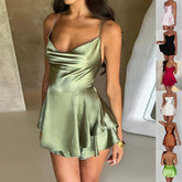 Satin mini dress with spaghetti straps, cowl neckline, and flared skirt in green, available in various colors.