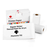White thermal printer paper rolls with printed label and packaging, suitable for sticker printing