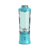 Portable blender bottle with turquoise base and lid, clear plastic body, compact design