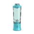 Portable blender bottle with turquoise base and lid, clear plastic body, compact design
