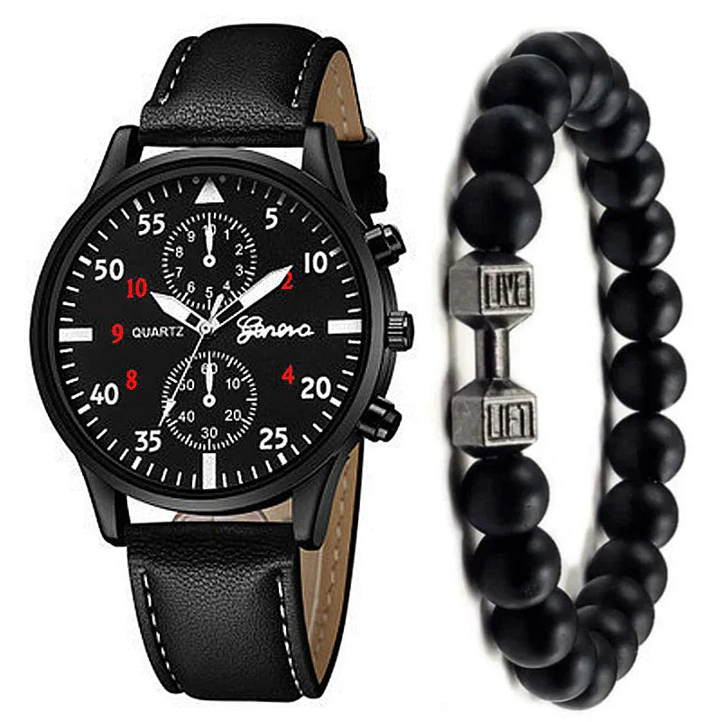 Black leather strap watch with round dial and black matte beaded bracelet, modern style.