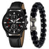 Black leather strap watch with round dial and black matte beaded bracelet, modern style.