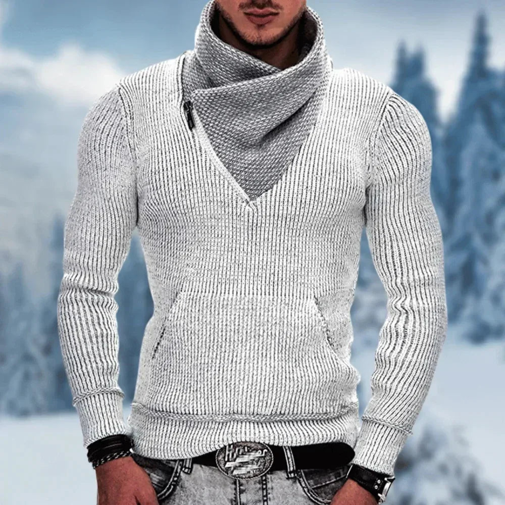 Men's light gray ribbed knit pullover hoodie, slim fit, with a cowl neck and kangaroo pocket