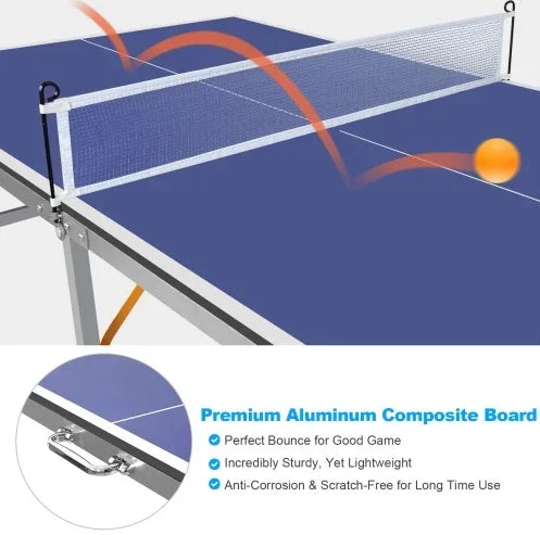 Blue aluminum composite table tennis table with sturdy metal legs and lightweight handle.