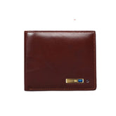 Brown leather wallet with visible stitching and metal accent, sleek modern design