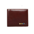 Brown leather wallet with visible stitching and metal accent, sleek modern design
