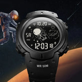 Black digital watch with space theme, astronaut display, and durable silicone strap