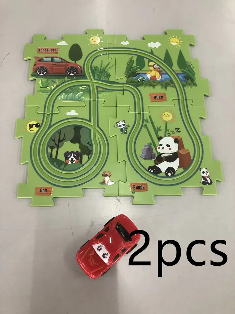 Kids play mat puzzle with green tracks, cartoon animals, and a red toy car, 2 pieces