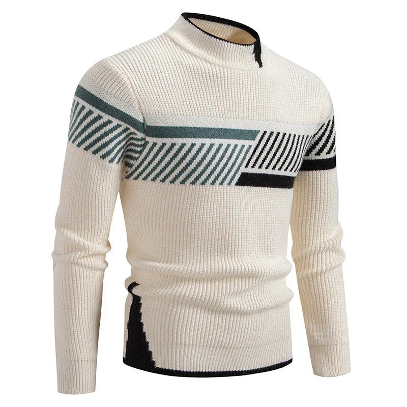 Cream ribbed knit sweater with green and black geometric stripes, modern slim fit style
