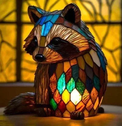 Stained glass raccoon lamp with multicolored mosaic design, warm ambient lighting