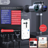 Silver massage gun with digital display, multiple black massage heads, modern tech accessories