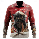 Red festive long sleeve shirt featuring a cute black owl in a Santa hat, winter snow scene, regular fit.