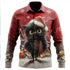 Red festive long sleeve shirt featuring a cute black owl in a Santa hat, winter snow scene, regular fit.