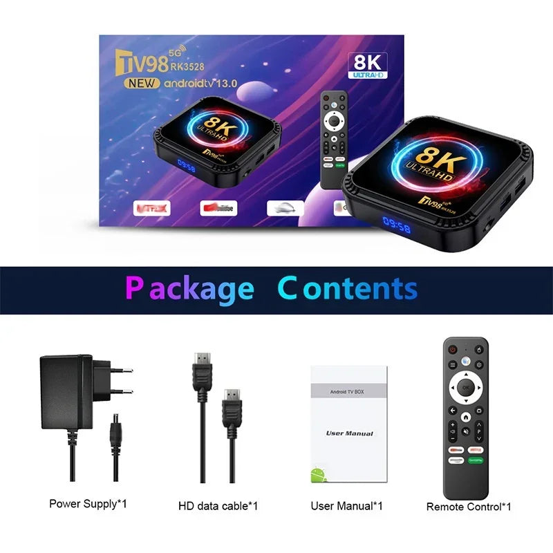 8K Android TV box with remote, power supply, HD cable, and user manual, tech accessory set