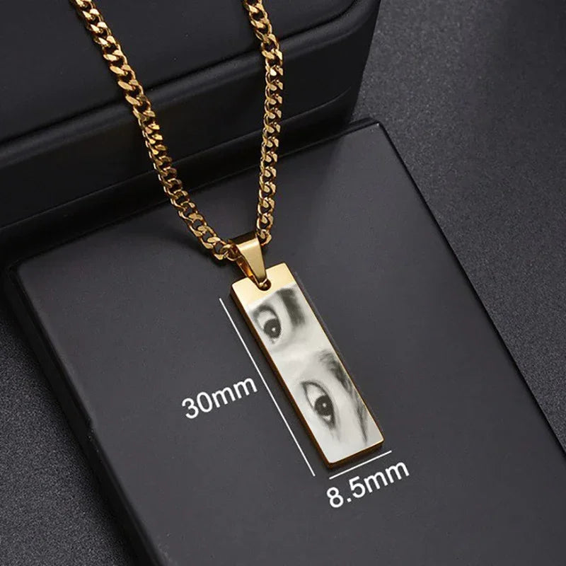 Gold rectangular photo pendant necklace with engraved eyes, chunky chain, modern streetwear accessory