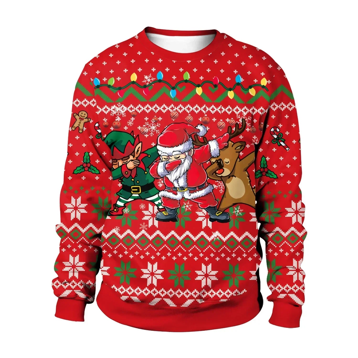 Red Christmas sweater with dancing Santa, reindeer, elf, snowflake patterns, and festive graphics.