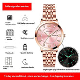 Rose gold stainless steel watch with pink dial, luminous hands, calendar, and waterproof design.