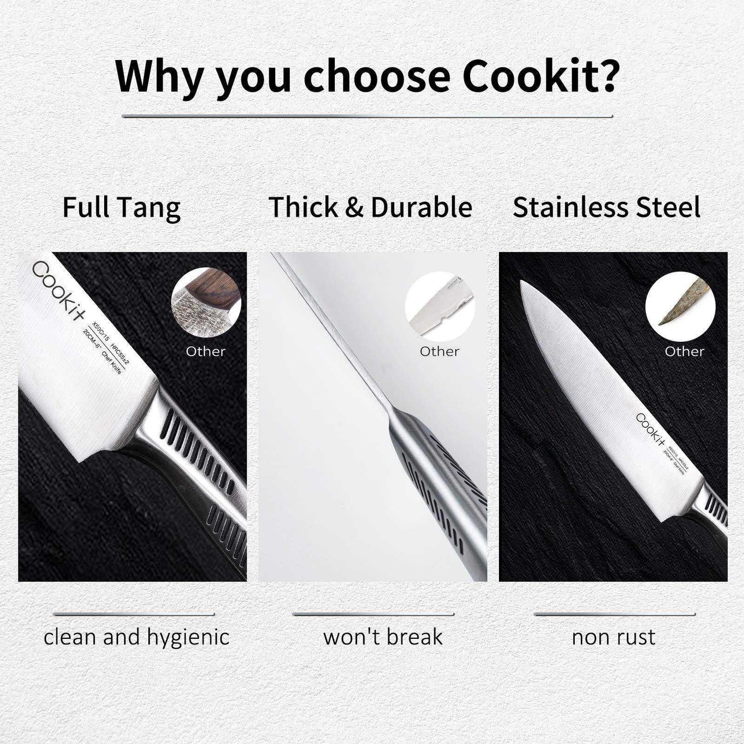 Comparison image of stainless steel kitchen knife with full tang, thick blade, and durable fit against other knives, highlighting clean, hygienic, and rust-resistant qualities.